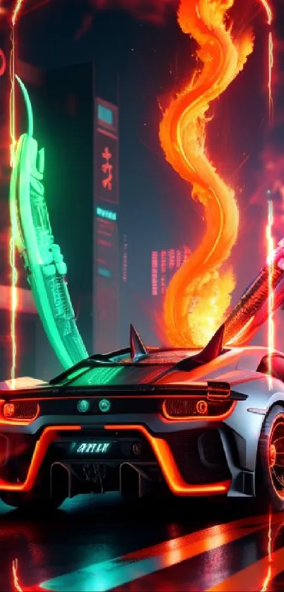 Futuristic cyberpunk car with neon lights in a vibrant city at night.