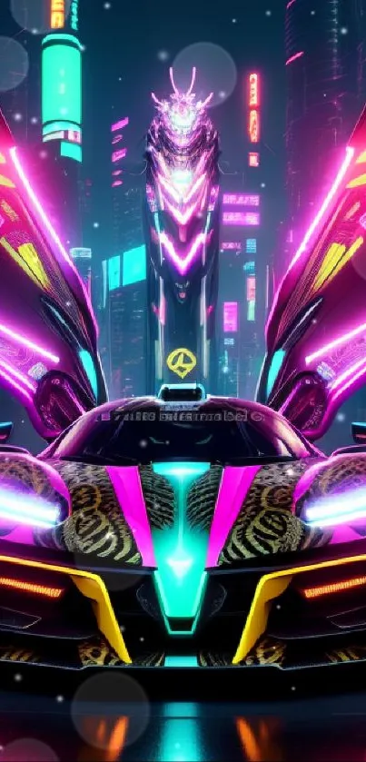 Futuristic neon cyberpunk car with wings in a glowing cityscape.