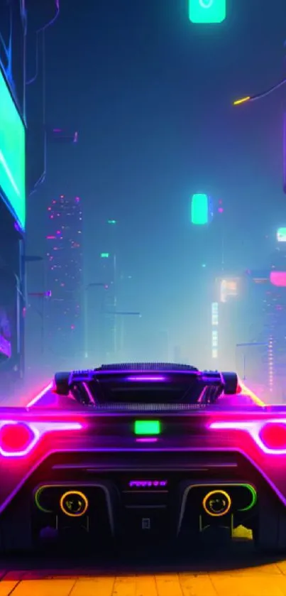 Futuristic neon car in a colorful cyberpunk city at night.