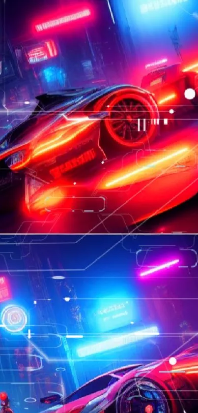 Neon cyberpunk car in a futuristic cityscape with vibrant lights.