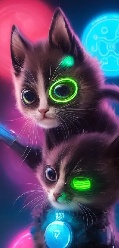 Two neon-lit cyberpunk kittens with glowing eyes in vibrant colors.