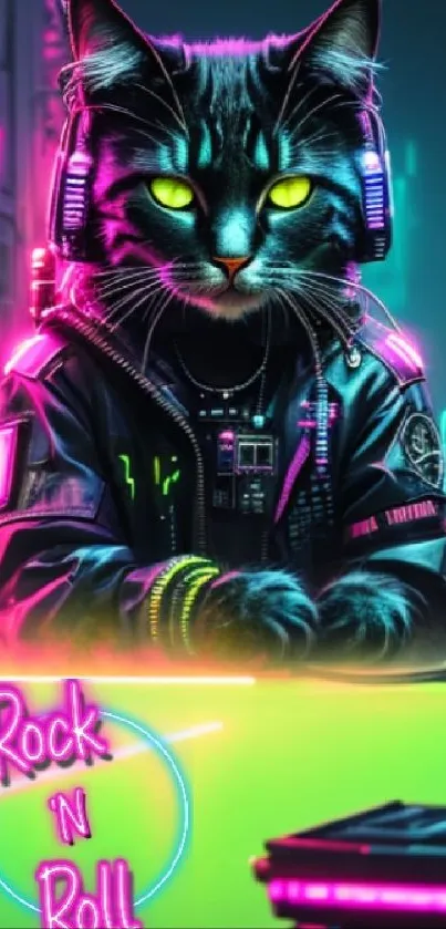 Neon cyberpunk cat with rock and roll vibes on city backdrop.