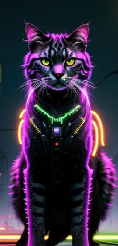 Neon-lit cyberpunk cat with vibrant city background.