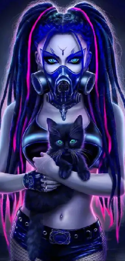 Neon cyberpunk woman with a cat, in a futuristic design.