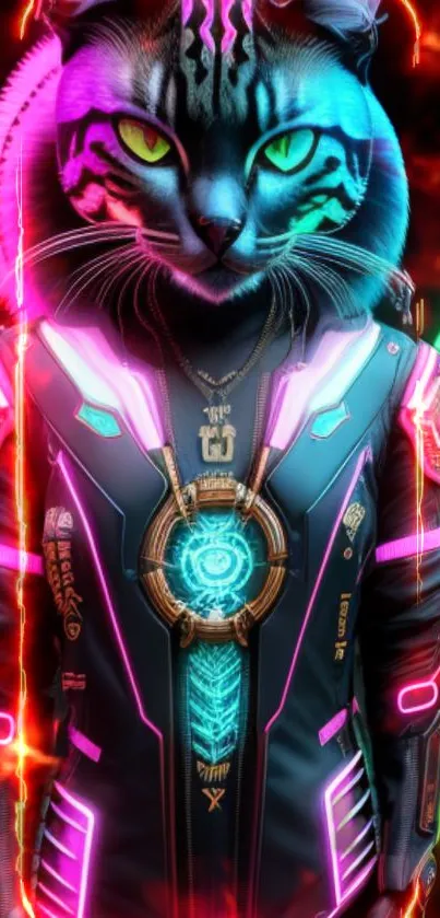 Neon cyberpunk cat in vibrant futuristic armor.