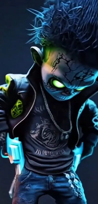 Neon cyberpunk character with glowing eyes and a dark jacket.