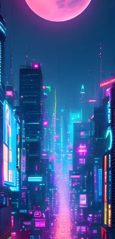 A neon-lit cyberpunk cityscape under a pink moon.