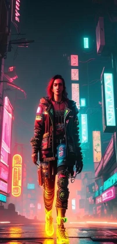 Cyberpunk cityscape with neon lights and stylish figure in bright atmosphere.