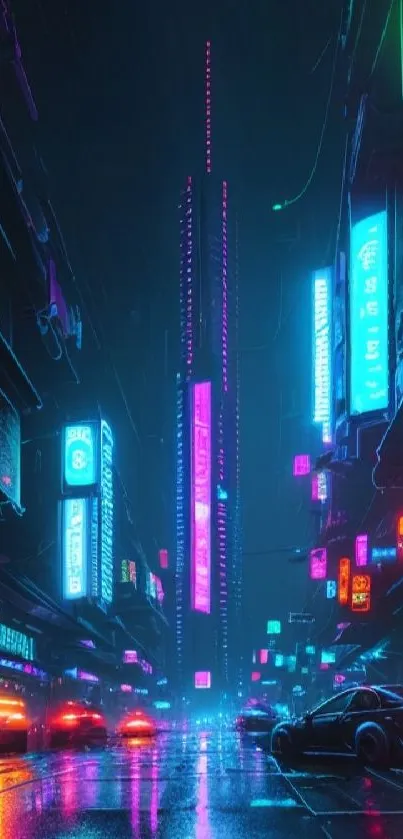 Neon-lit cyberpunk cityscape mobile wallpaper.