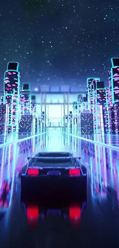 Futuristic neon cyberpunk cityscape with sleek car.