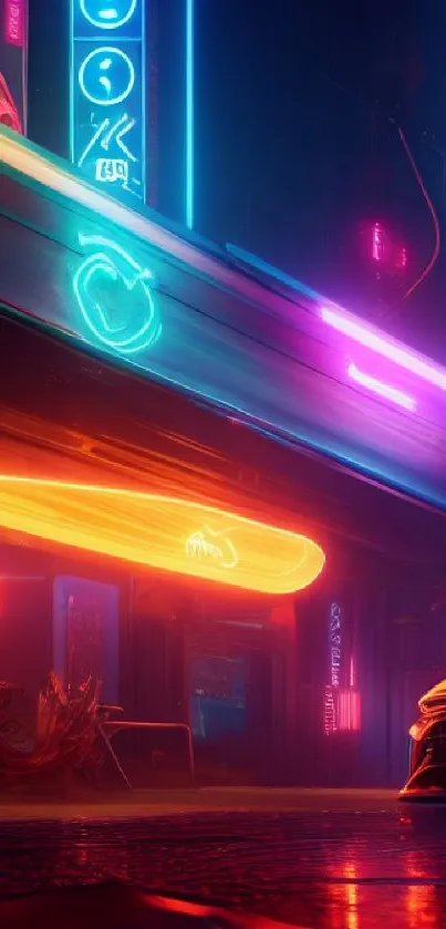 Neon-lit cyberpunk cityscape featuring vibrant colors and futuristic elements.