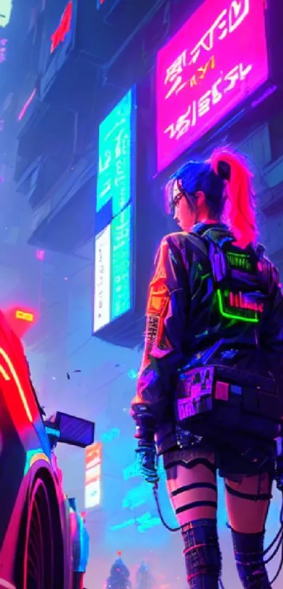 A cyberpunk cityscape with neon lights and futuristic elements.