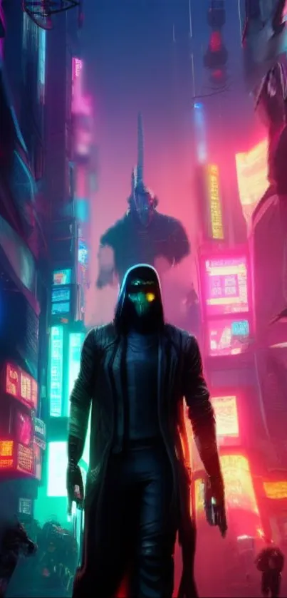 Cyberpunk cityscape with neon lights and a mysterious figure.