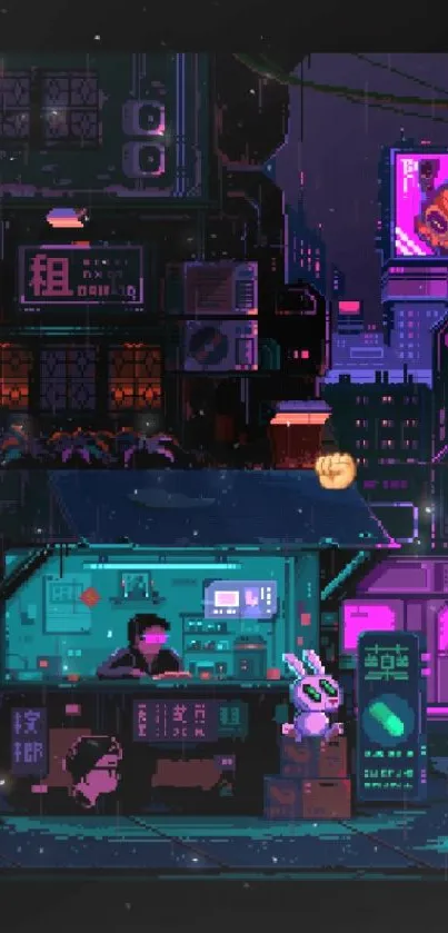 Neon cyberpunk cityscape with glowing signs and dark purple hues.