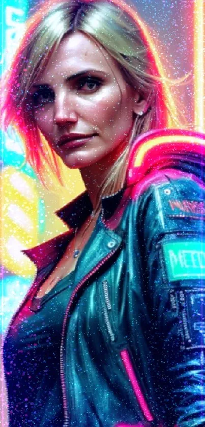 Cyberpunk woman in neon-lit cityscape