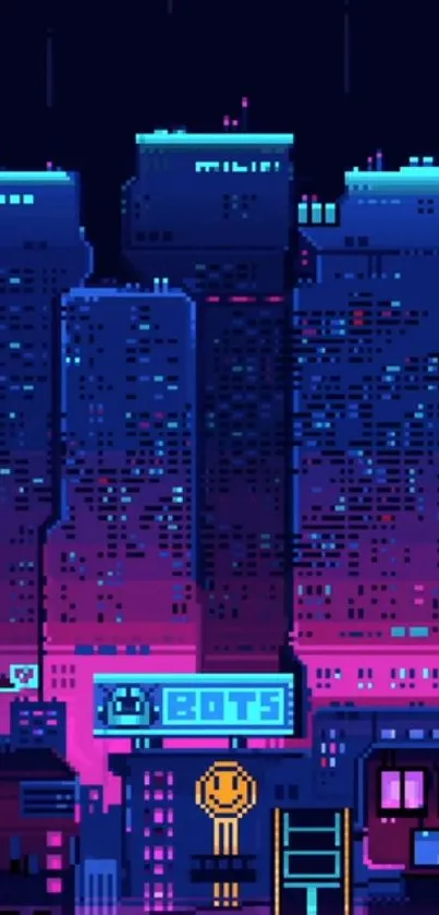 Neon cyberpunk city skyline in pixel art style.