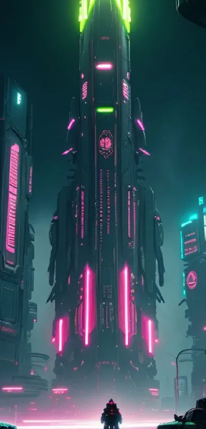 Futuristic neon cyberpunk cityscape with towering skyscrapers and vibrant lights.