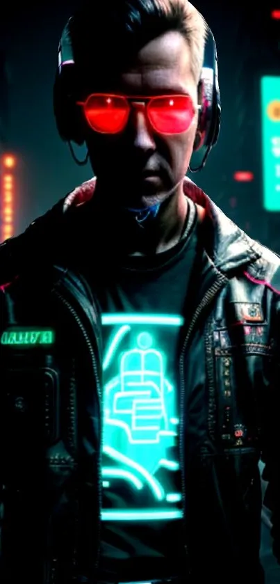 Futuristic character in neon-lit cyberpunk city.