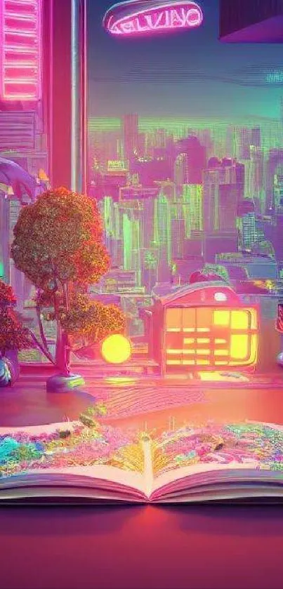 Vibrant neon cyberpunk cityscape artwork with open book.