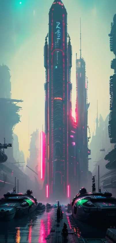 Futuristic cyberpunk cityscape with neon lights and towering skyscrapers.