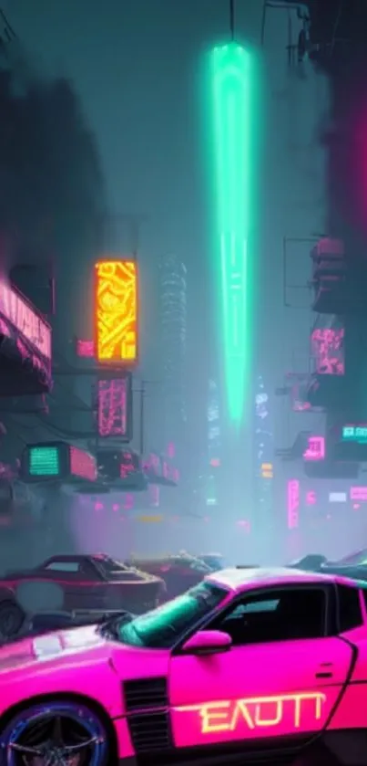 Neon cyberpunk cityscape with futuristic cars and vibrant lights.