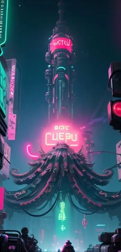 Futuristic cyberpunk city with neon lights and sci-fi elements.