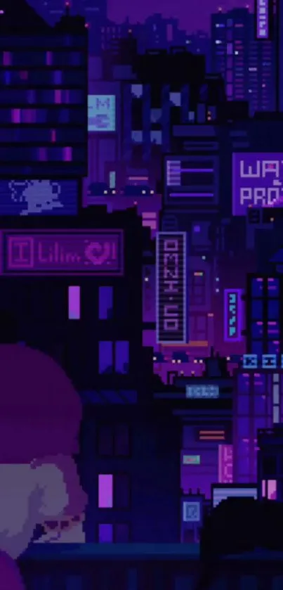 Neon cyberpunk cityscape with vibrant purple lights.