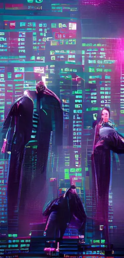 Futuristic neon cityscape with magenta glow.