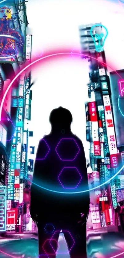 Futuristic neon cityscape with silhouette and vibrant colors in cyberpunk style.