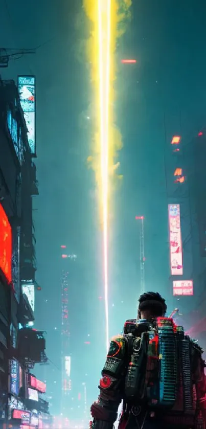 Cyberpunk cityscape with neon lights and futuristic ambiance on mobile wallpaper.