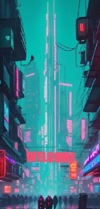 Futuristic neon-lit cityscape with striking cyberpunk elements.