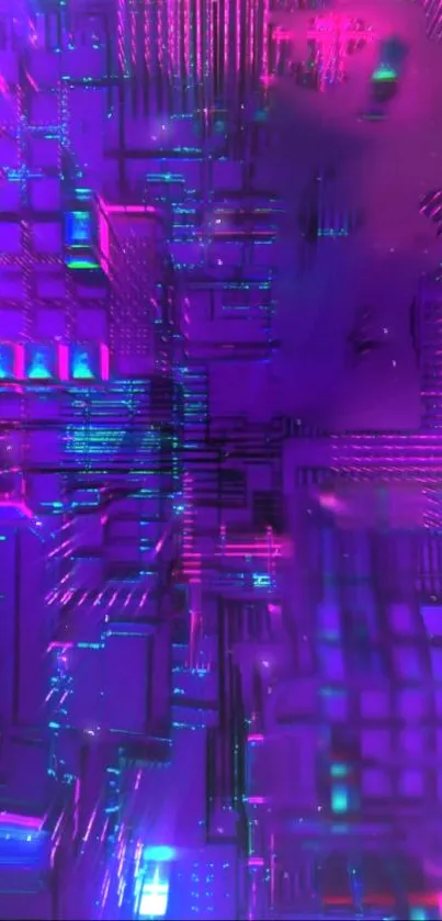 Futuristic neon cyberpunk cityscape in vibrant pink and purple hues.