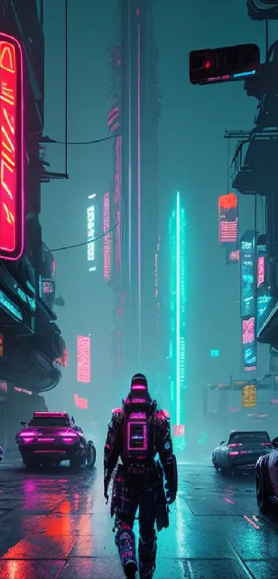 Futuristic cityscape with neon lights and a lone figure walking down the street.