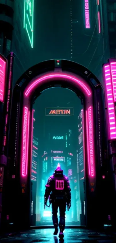 Futuristic neon cyberpunk cityscape with vibrant pink and blue lights.