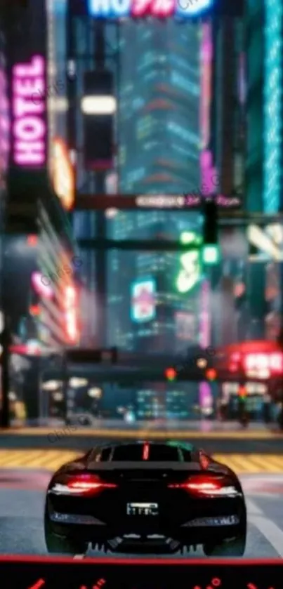 Neon-lit cyberpunk cityscape with sleek car in foreground.