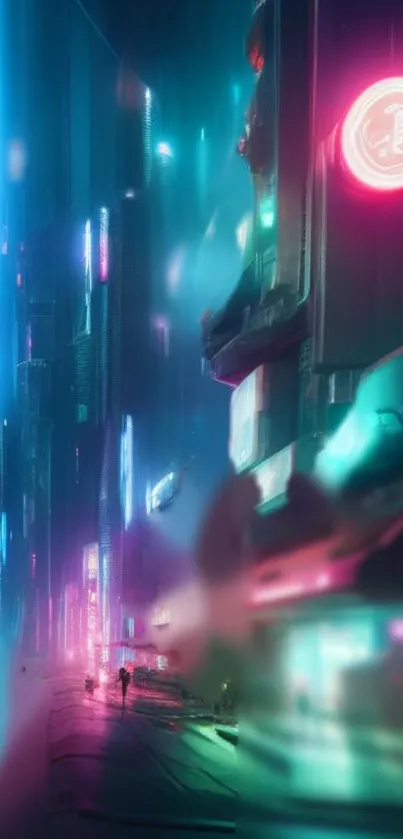 Futuristic neon cyberpunk cityscape with vibrant lights in a modern urban setting.