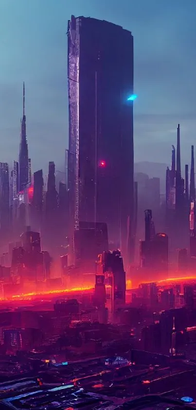 Futuristic neon cityscape with glowing skyline.