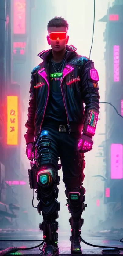 Cyberpunk figure in neon-lit cityscape wallpaper.