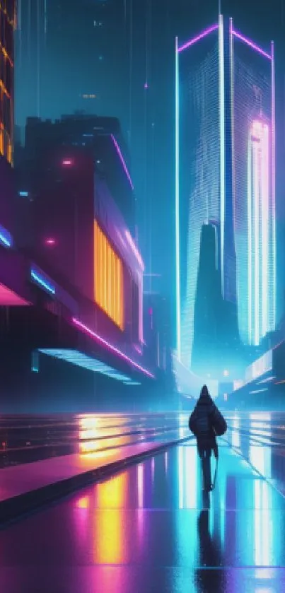 Futuristic neon cityscape with colorful reflections and towering skyscrapers.