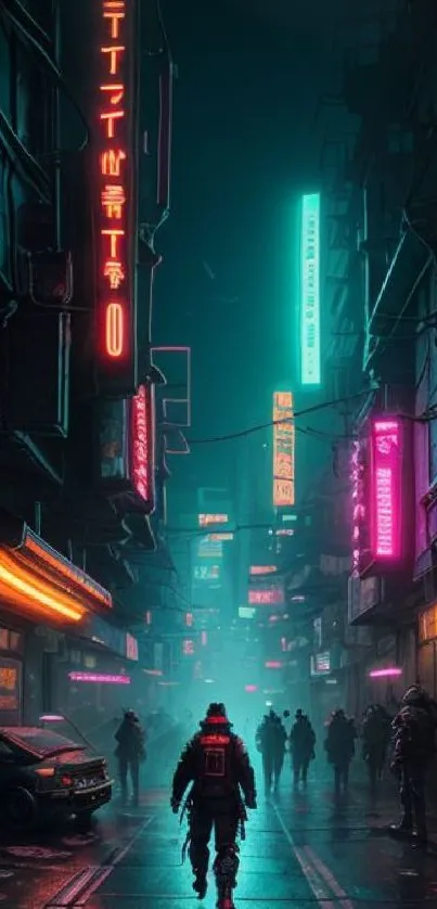 A neon-lit cyberpunk cityscape with silhouettes on a futuristic street.