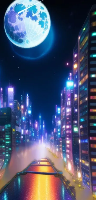 Futuristic neon cityscape under glowing moon.