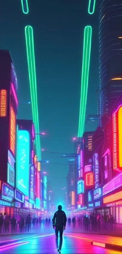 Silhouette walks in neon-lit cyberpunk city street, vibrant and futuristic.