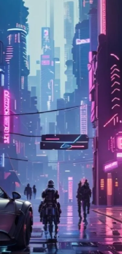 Futuristic neon cyberpunk cityscape with glowing signs and architecture.