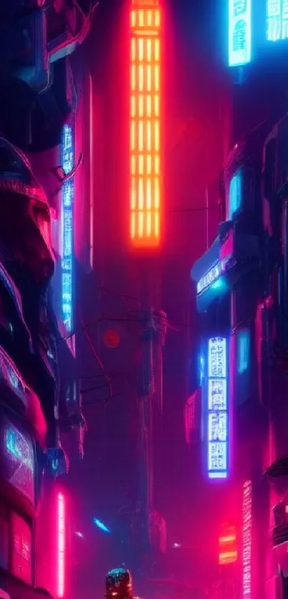 Cyberpunk cityscape with neon lights glowing brightly in an urban street view.