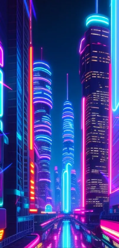 Futuristic cyberpunk city with vibrant neon lights.