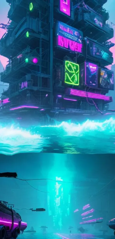 Neon cyberpunk cityscape with glowing buildings and waterways, vibrant pink and teal hues.