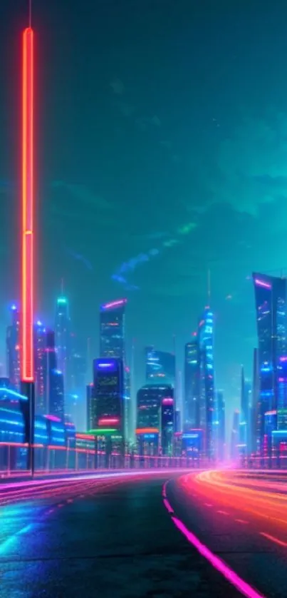 Neon cityscape with futuristic skyscrapers and vibrant colors.