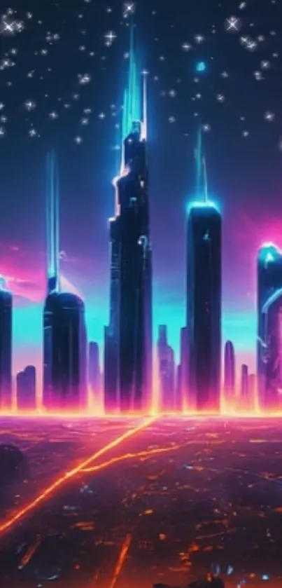 Neon cyberpunk cityscape with futuristic skyline and glowing lights.