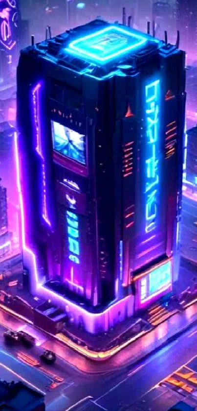 Futuristic city skyline with neon lights.