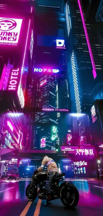Neon-lit cyberpunk cityscape with motorcyclist at night.